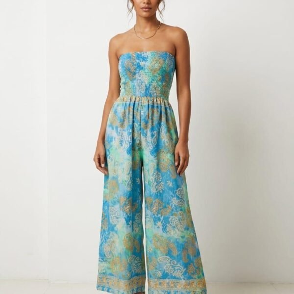 Azure Paisley Strapless Jumpsuit