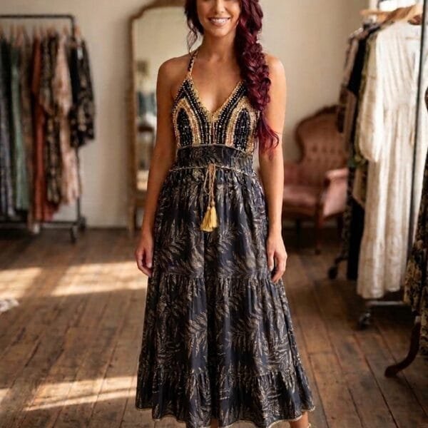 Midnight Garden Beaded Crochet Maxi Dress
