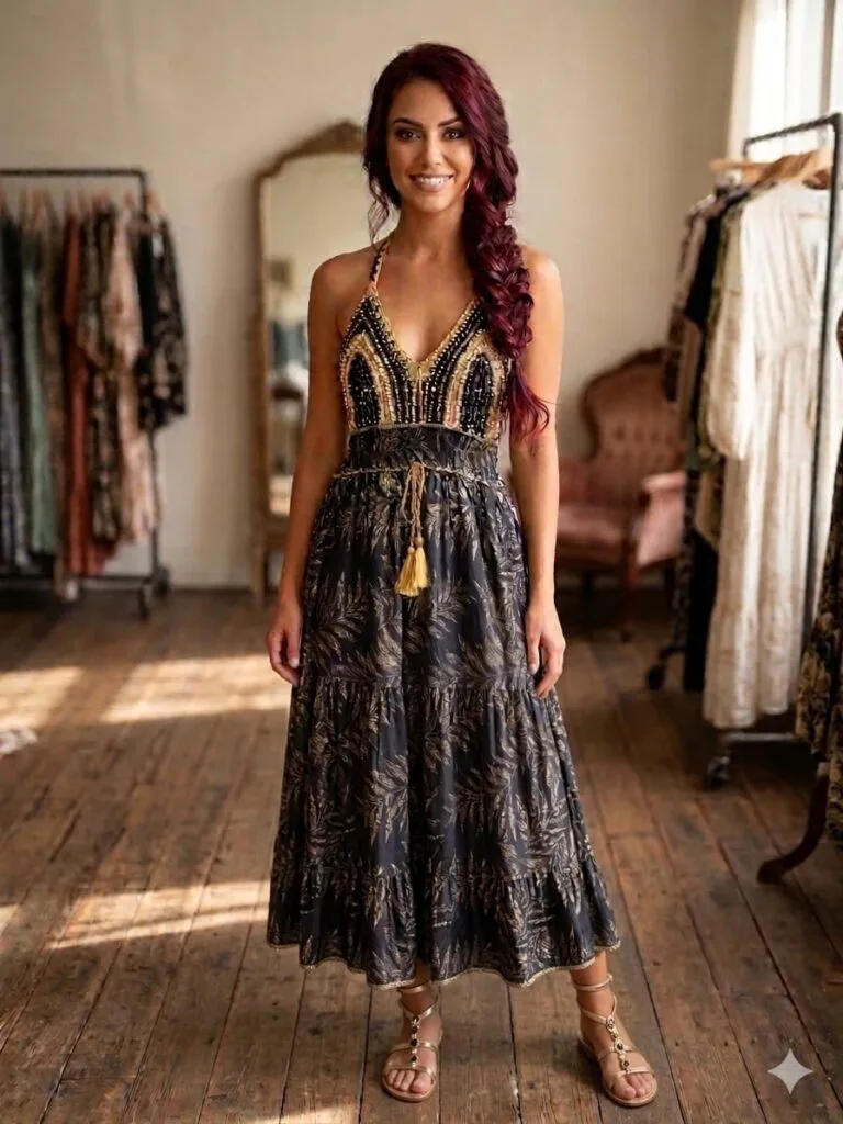 Midnight Garden Beaded Crochet Maxi Dress