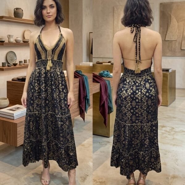Azure Bloom Beaded Crochet Maxi Dress