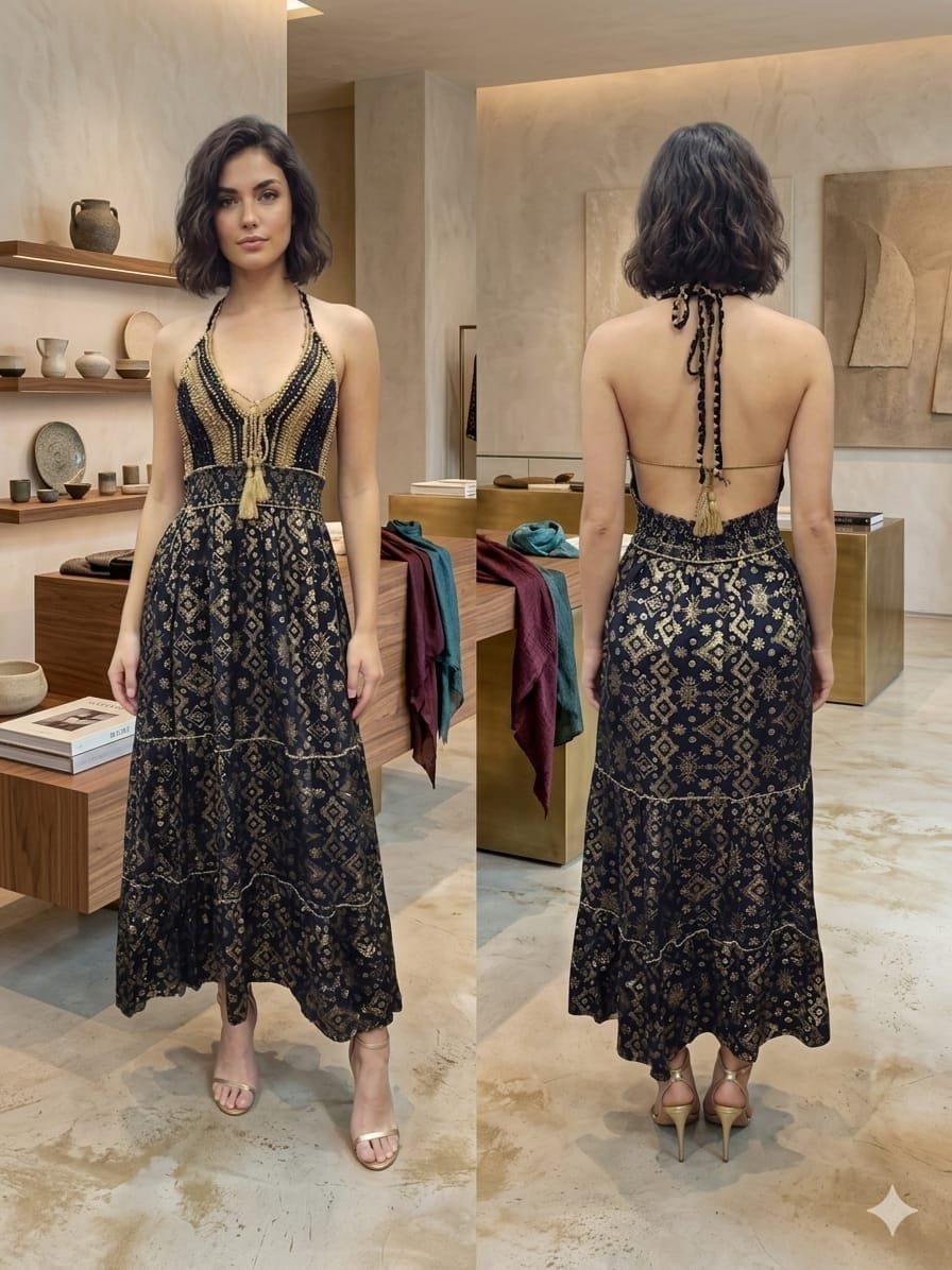 Azure Bloom Beaded Crochet Maxi Dress