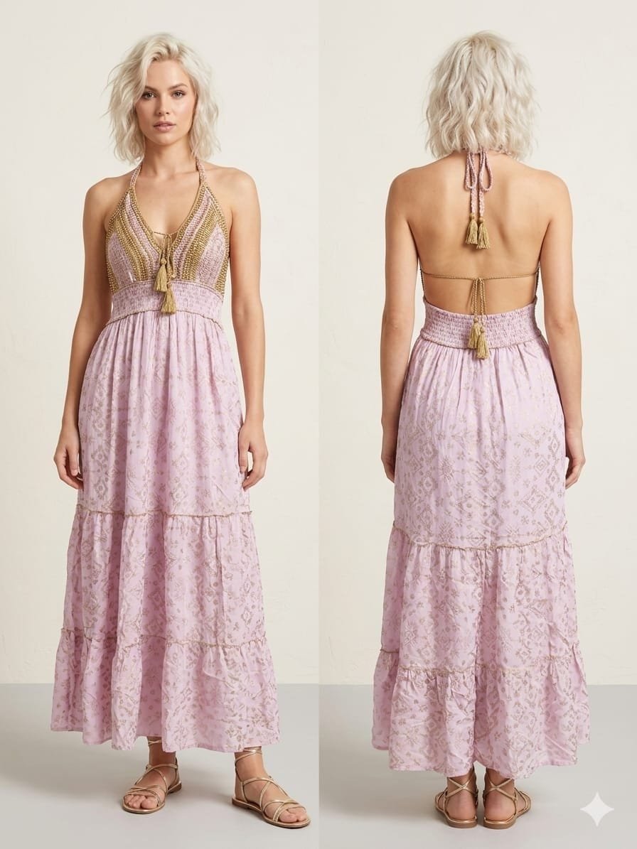 Ruby Floral Beaded Crochet Maxi Dress