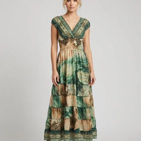 Forest Trail Ruffle Sleeve Maxi Dress