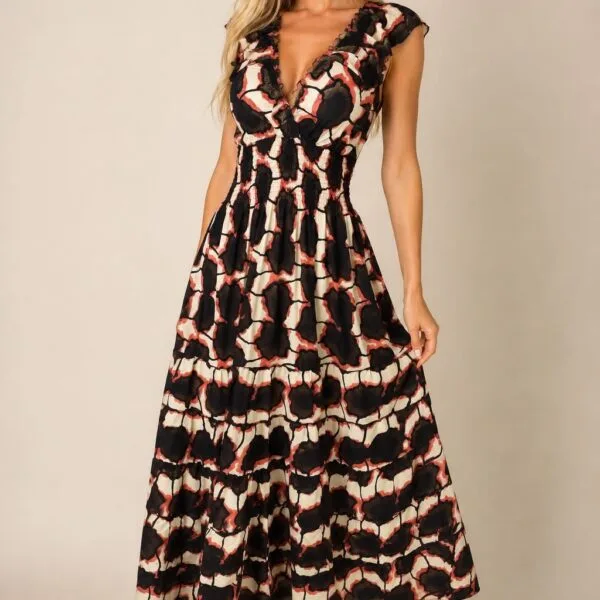 Bronze Leaf Ruffle Sleeve Maxi Dress