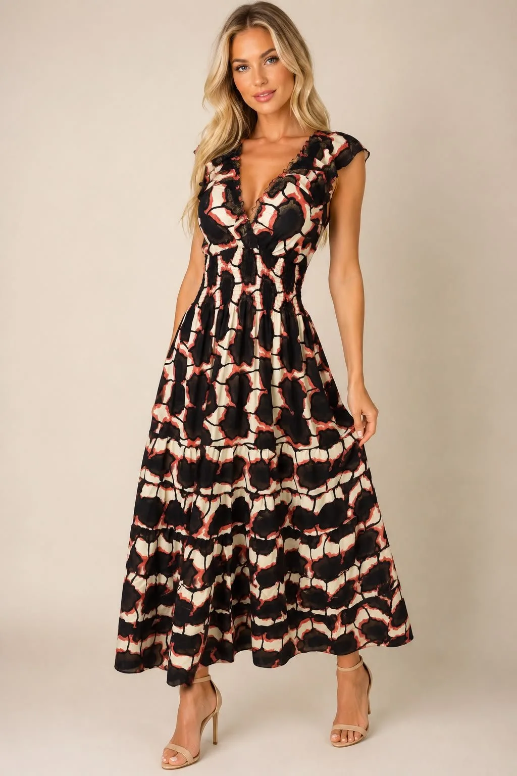 Bronze Leaf Ruffle Sleeve Maxi Dress