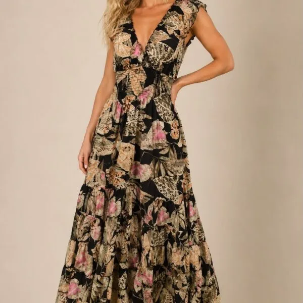 Sunset Bloom Ruffle Sleeve Maxi Dress