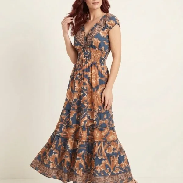 Caramel Swirl Ruffle Sleeve Maxi Dress