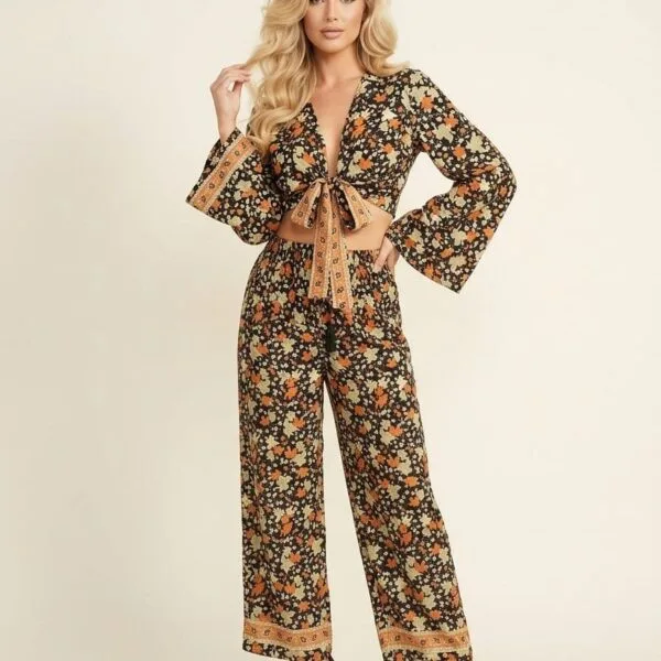 Moonlit Garden Wrap Top & Wide Leg Pants Set