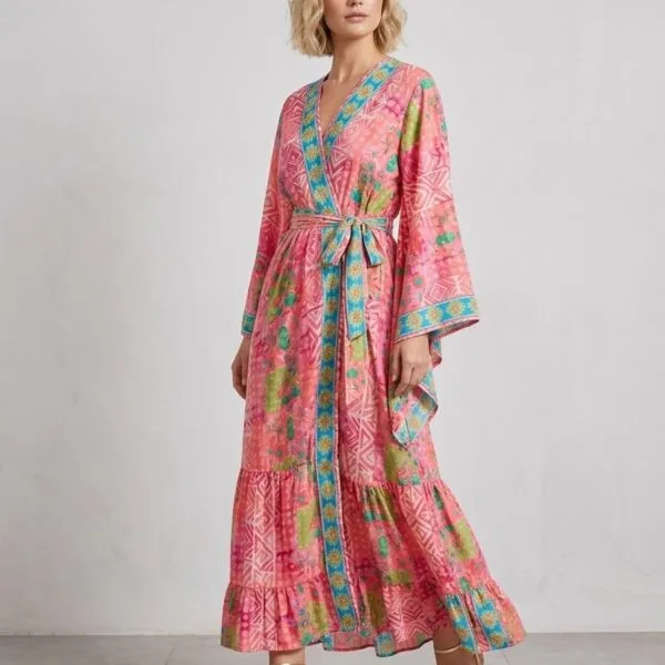 Lagoon Blue Kimono Wrap Maxi Dress