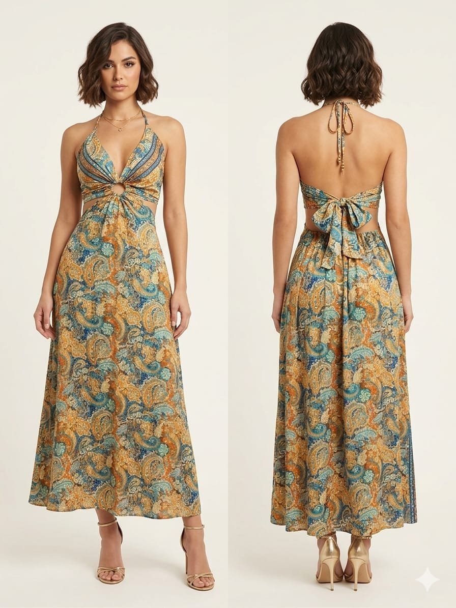 Marrakech Gold Halter Cutout Maxi Dress