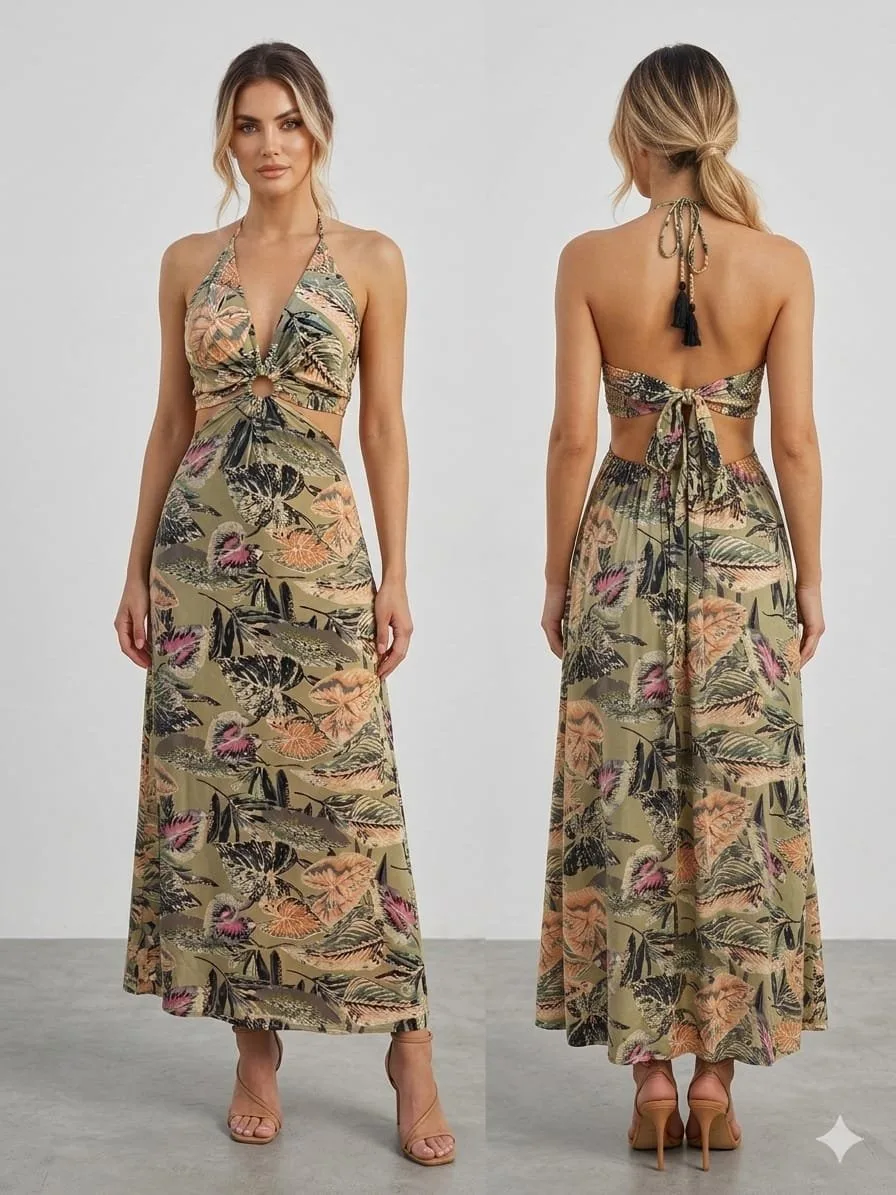 Mykonos Wave Halter Cutout Maxi Dress