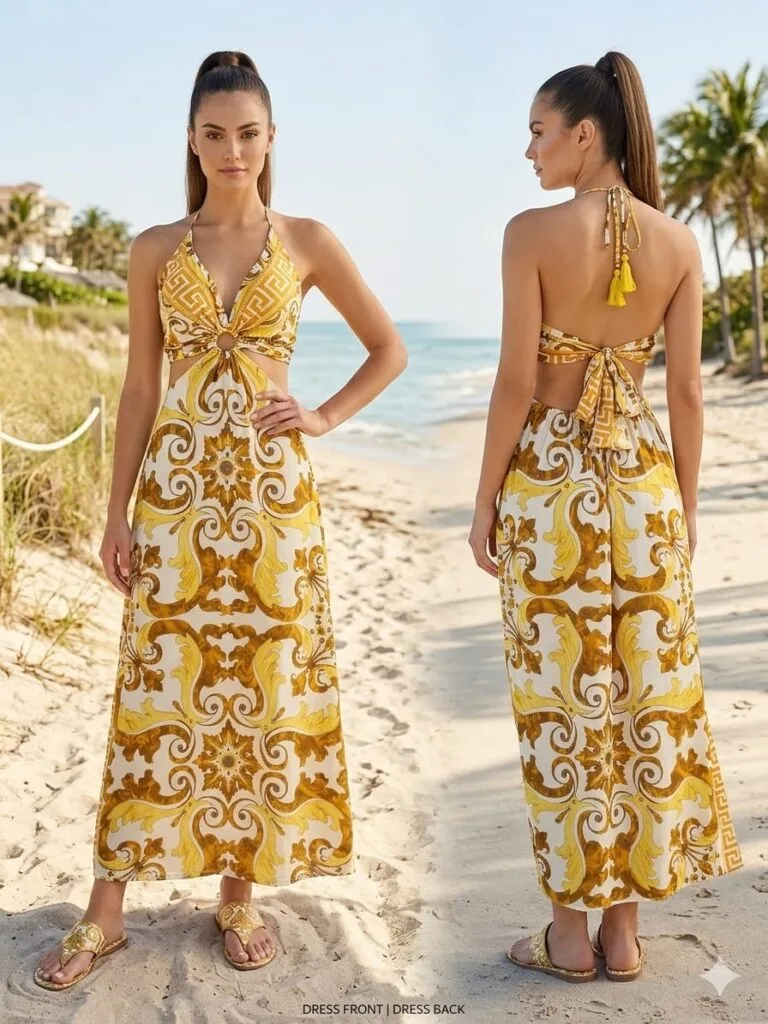 Lisbon Tile Halter Cutout Maxi Dress