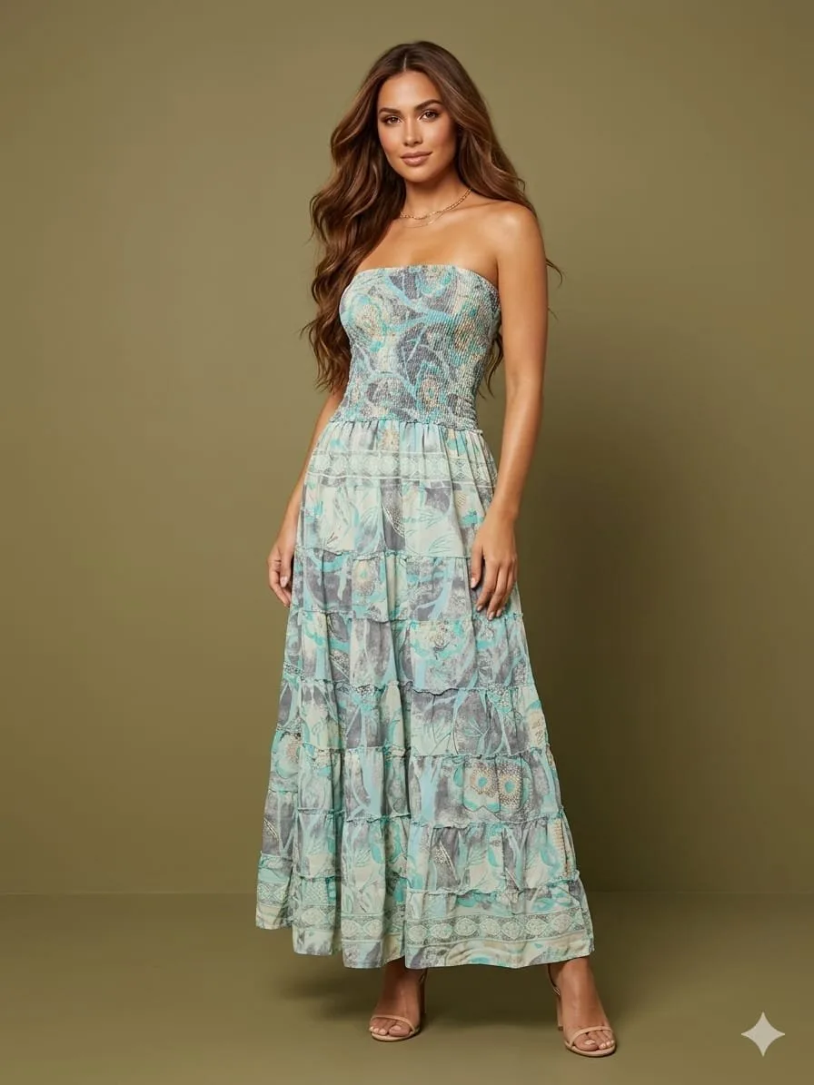 Goa Sunset Strapless Tiered Maxi Dress
