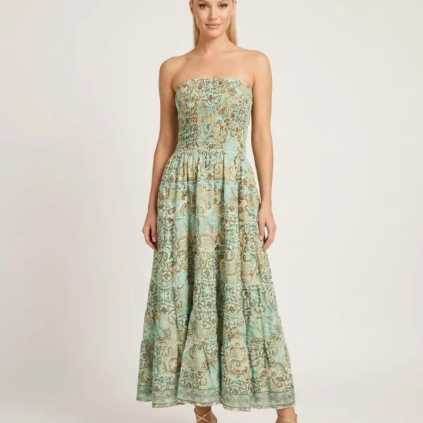 Rajasthan Gold Strapless Tiered Maxi Dress