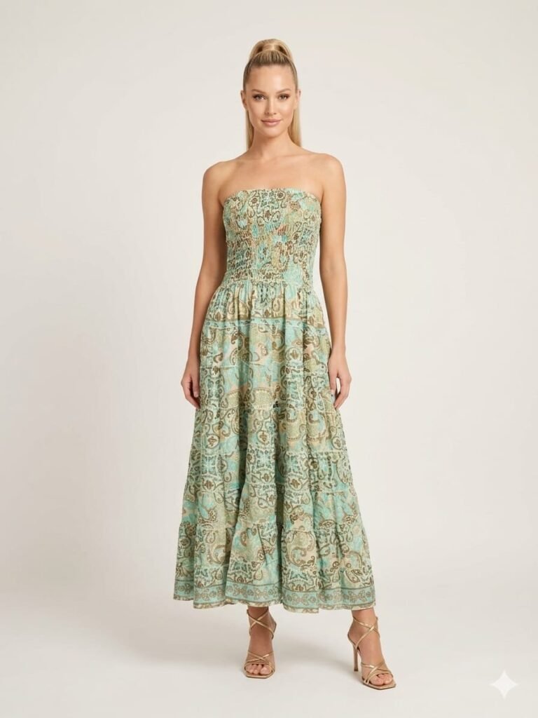 Rajasthan Gold Strapless Tiered Maxi Dress