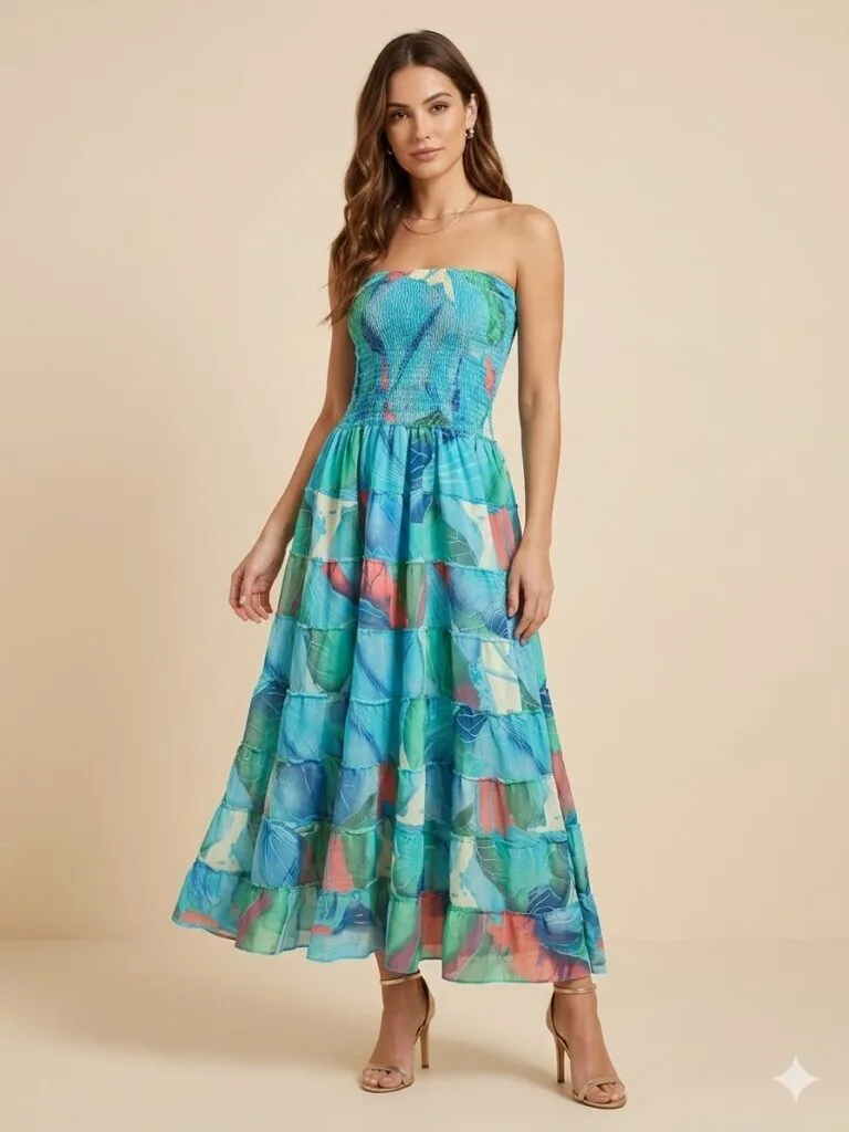 Mumbai Monsoon Strapless Tiered Maxi Dress