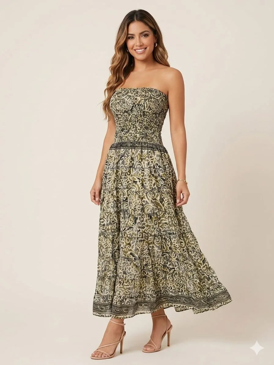 Delhi Saffron Strapless Tiered Maxi Dress