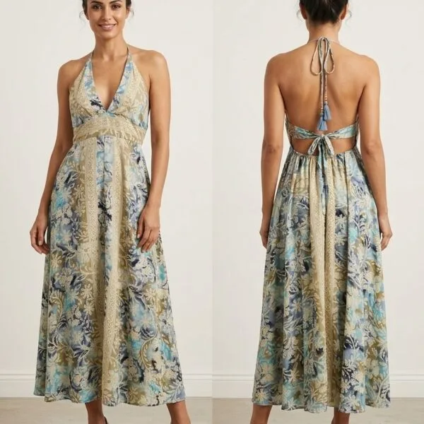 Kyoto Cherry Halter Embroidered Maxi Dress