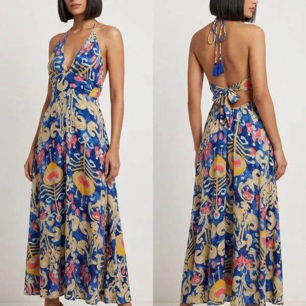 Shanghai Silk Halter Embroidered Maxi Dress