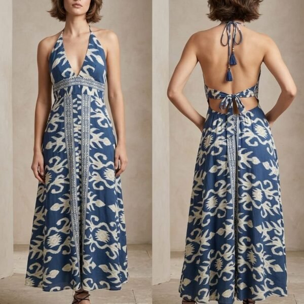 Florence Gold Halter Embroidered Maxi Dress