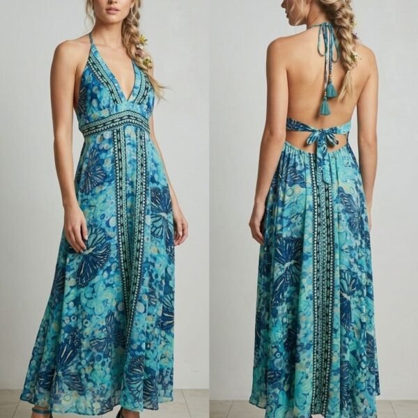 Milan Blush Halter Embroidered Maxi Dress