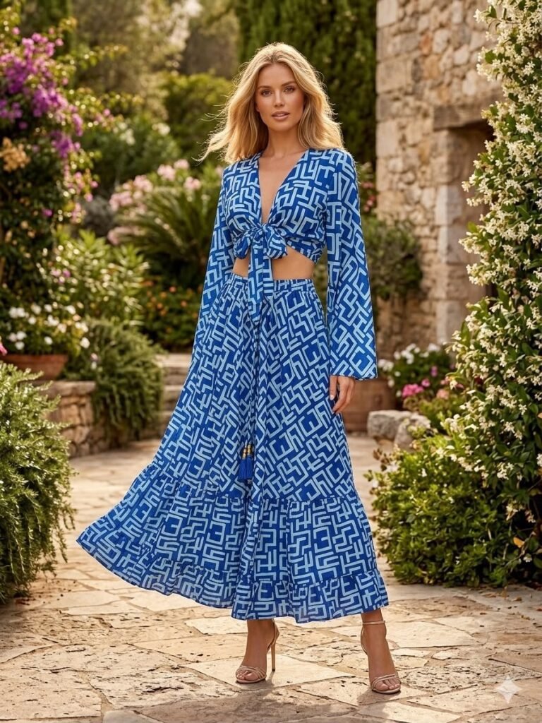 Monaco Pearl Tie Front Top & Maxi Skirt Set