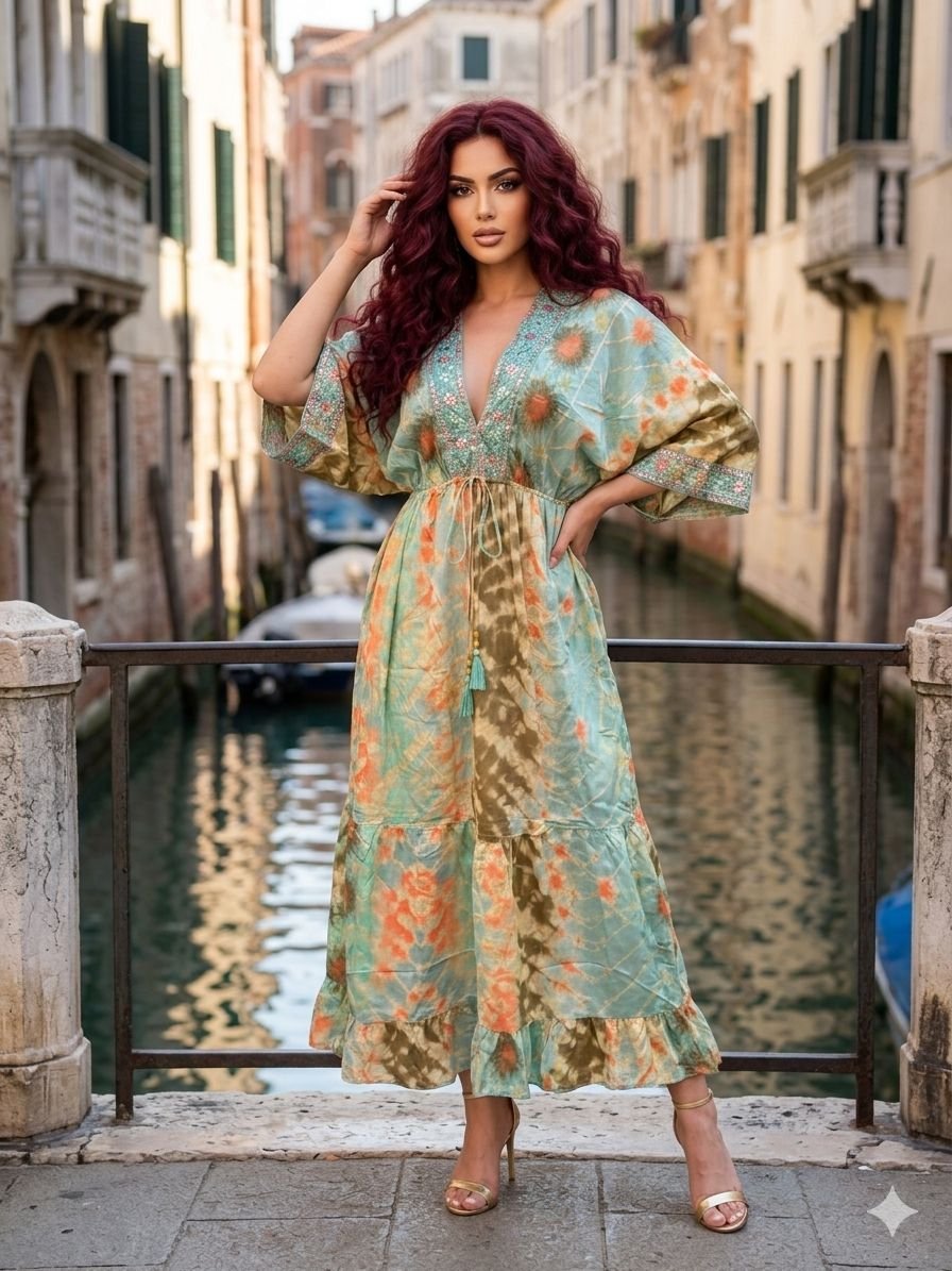 Dubrovnik Coral Embroidered Kaftan Maxi Dress