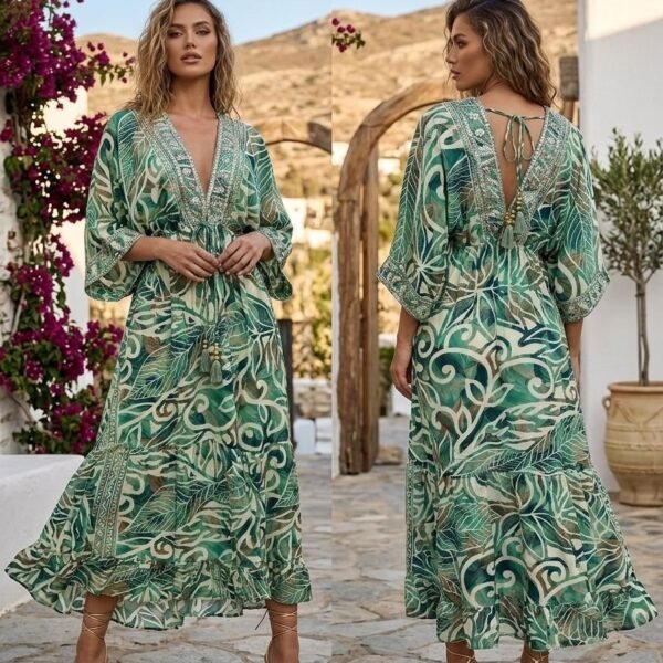 Split Breeze Embroidered Kaftan Maxi Dress