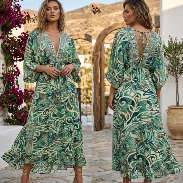Split Breeze Embroidered Kaftan Maxi Dress