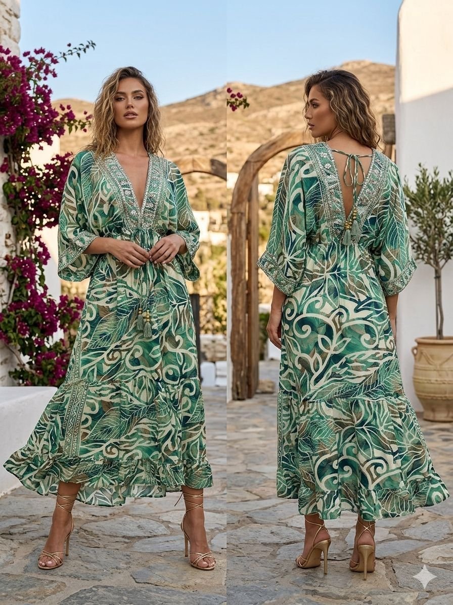 Split Breeze Embroidered Kaftan Maxi Dress