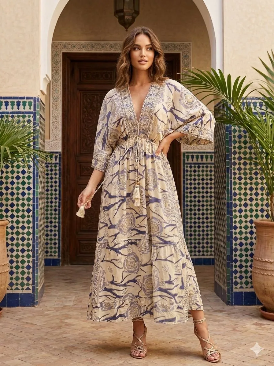Nafplio Blue Embroidered Kaftan Maxi Dress