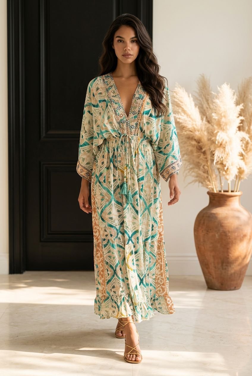 Naxos Honey Embroidered Kaftan Maxi Dress