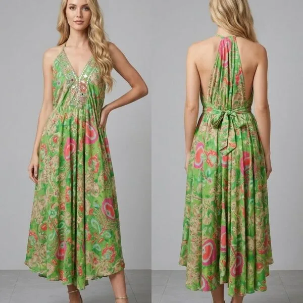 Corfu Olive Halter Backless Midi Dress