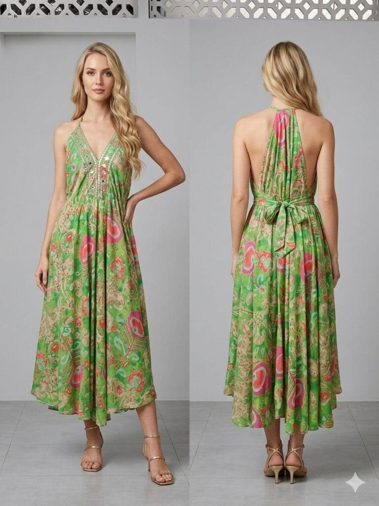 Corfu Olive Halter Backless Midi Dress