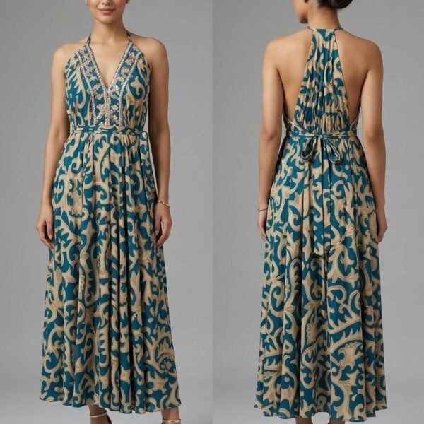 Madeira Wine Halter Backless Midi Dress