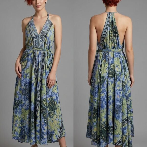 Azores Mist Halter Backless Midi Dress