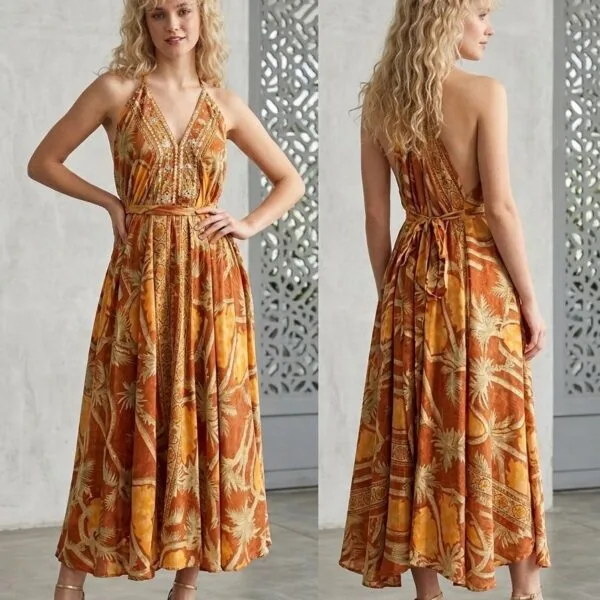 Mallorca Gold Halter Backless Midi Dress