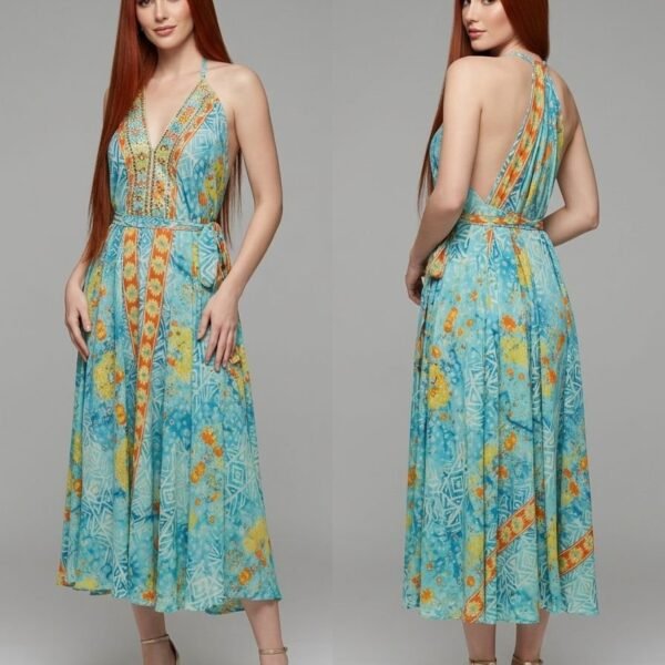 Formentera Sand Halter Backless Midi Dress
