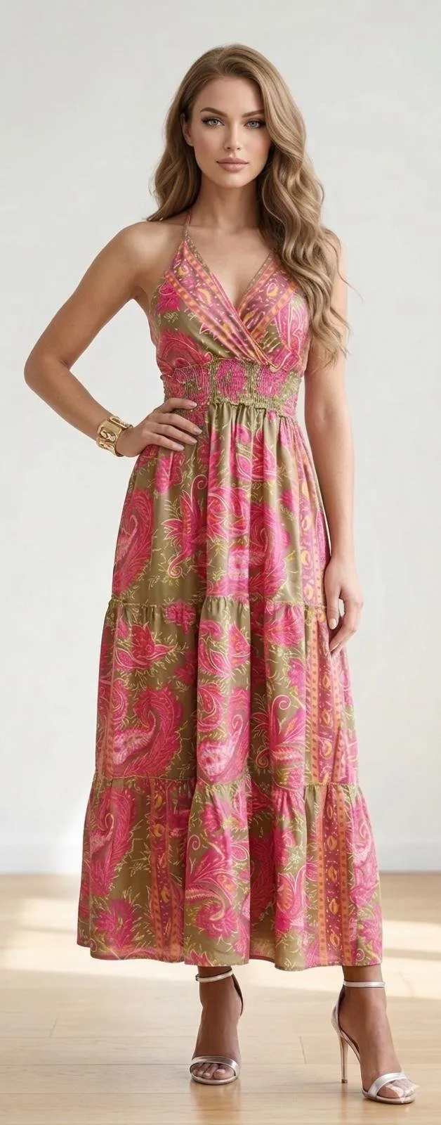 Elba Sage Halter Tiered Maxi Dress