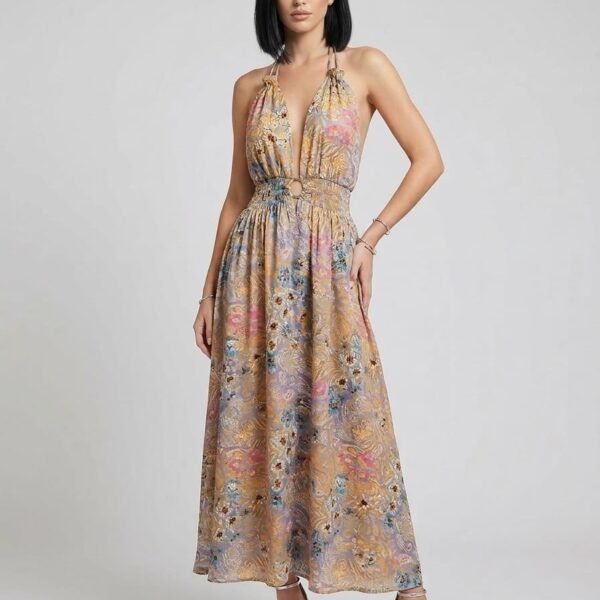 Rêverie Blue Plunge Halter Maxi Dress