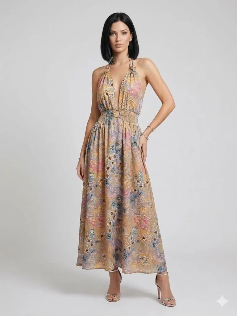 Rêverie Blue Plunge Halter Maxi Dress