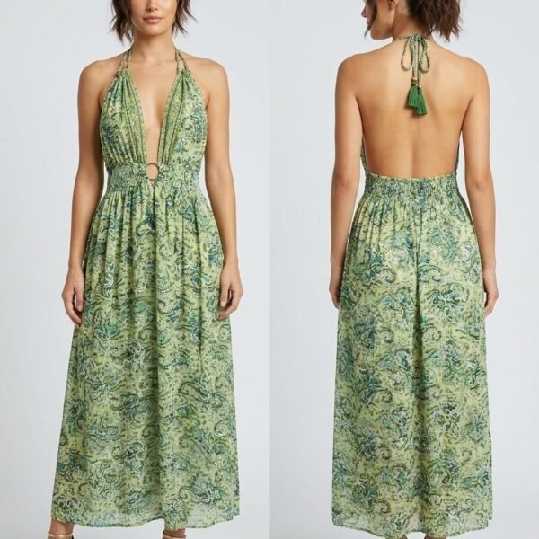 Liberté Sage Plunge Halter Maxi Dress