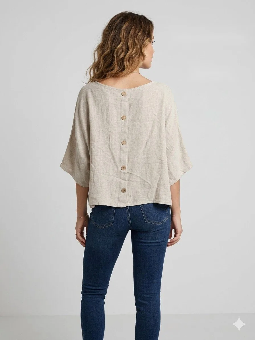 Linen Back Button Blouse in Natural