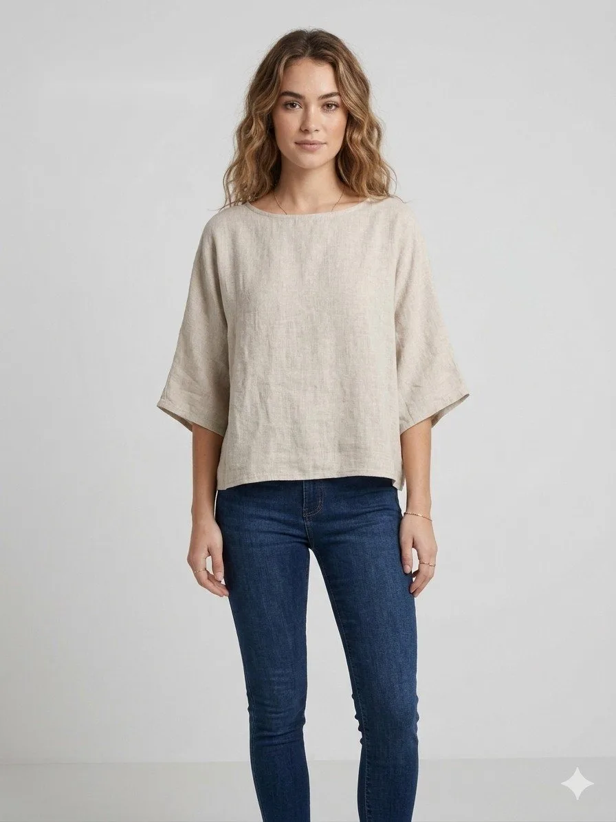 Linen Pullover Top in Natural Oatmeal
