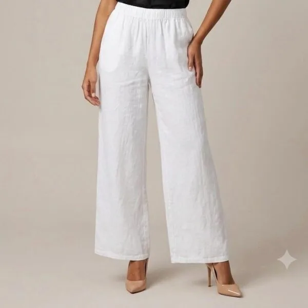 Ivory Linen Wide-Leg Palazzo Pants