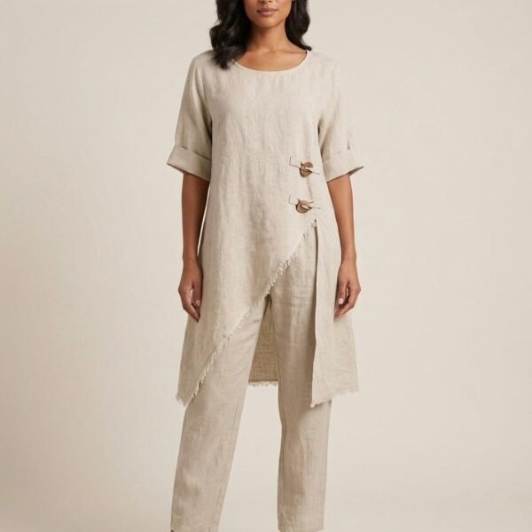 Beige Linen Asymmetrical Tunic Jacket Ensemble