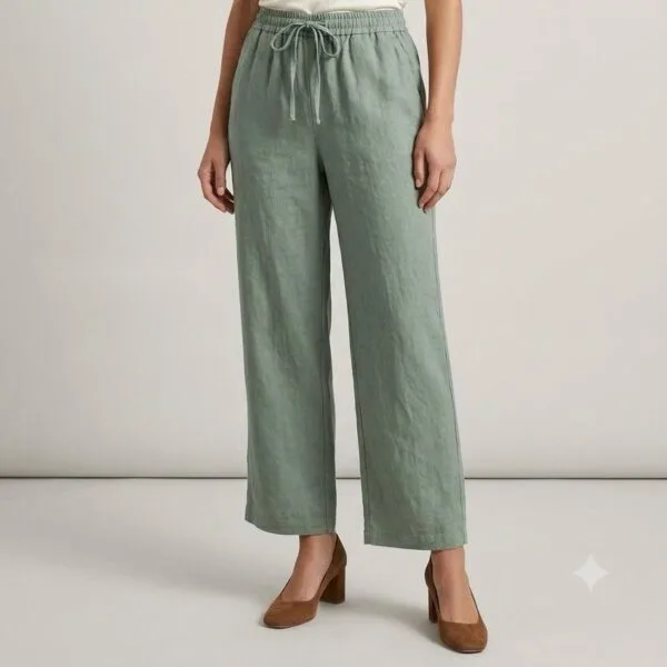 Sage Linen Drawstring Crop Trousers
