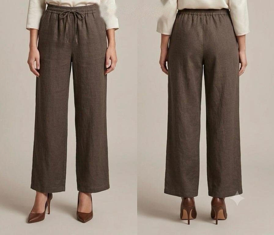 Taupe Linen Drawstring Wide-Leg Trousers