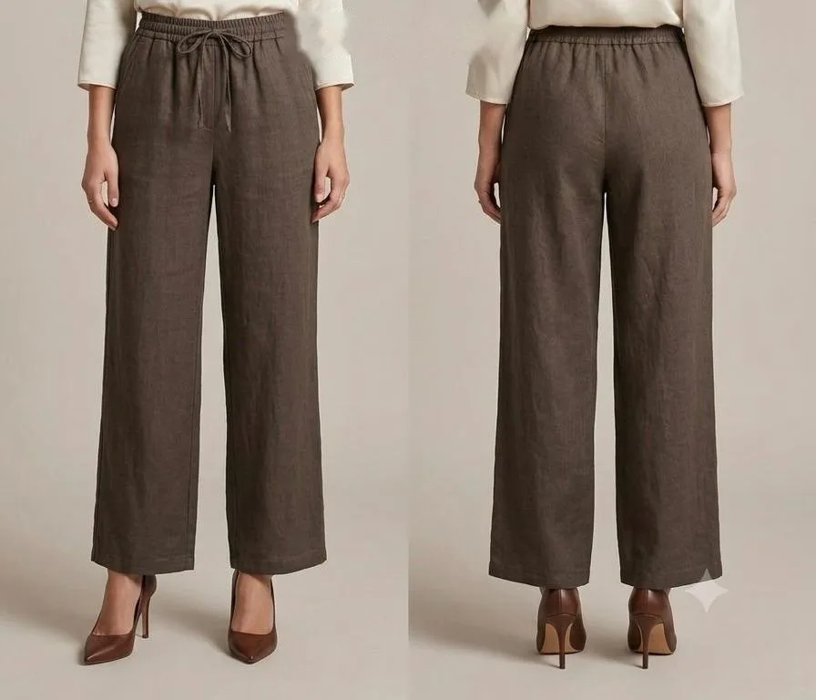 Taupe Linen Drawstring Wide-Leg Trousers