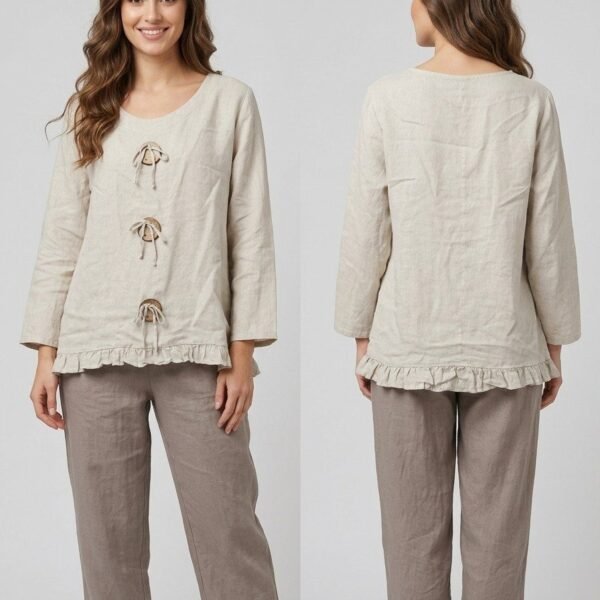 Cream Linen Drawstring Ruffle Top